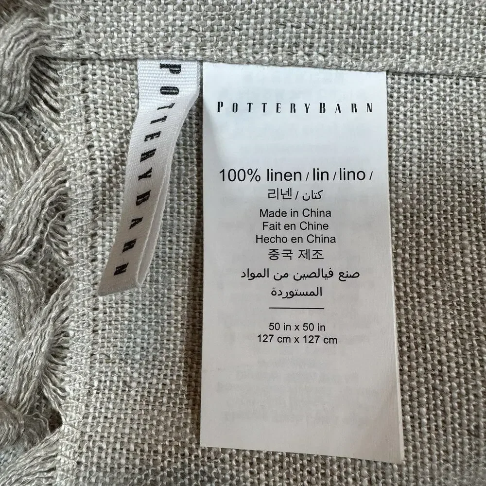 Pottery Barn Tablecloth Fringe 100% Linen 50 inch Beige Square